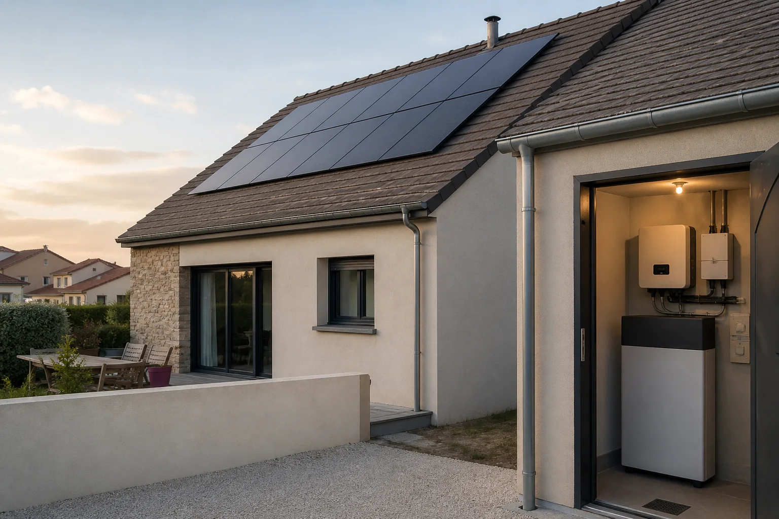 Maison française équipée de panneaux photovoltaïques et d’une batterie résidentielle