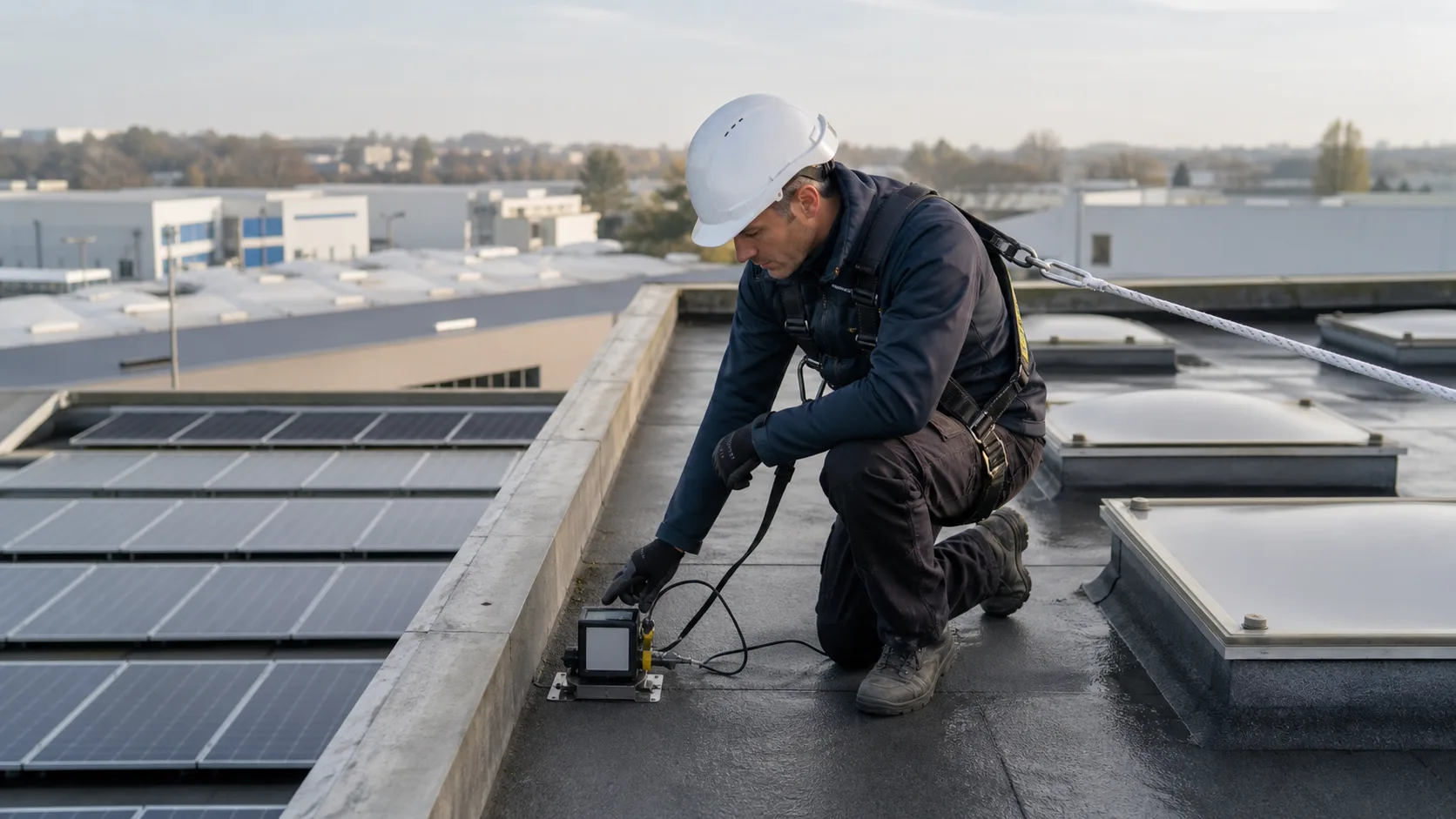 Relevé technique sur une toiture photovoltaïque industrielle française