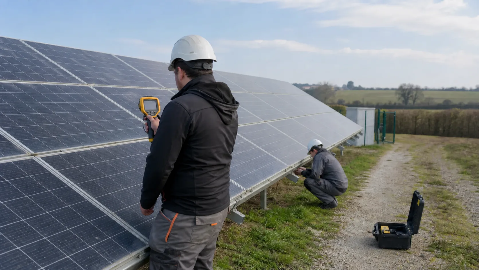 Techniciens réalisant une inspection de maintenance sur une centrale photovoltaïque française