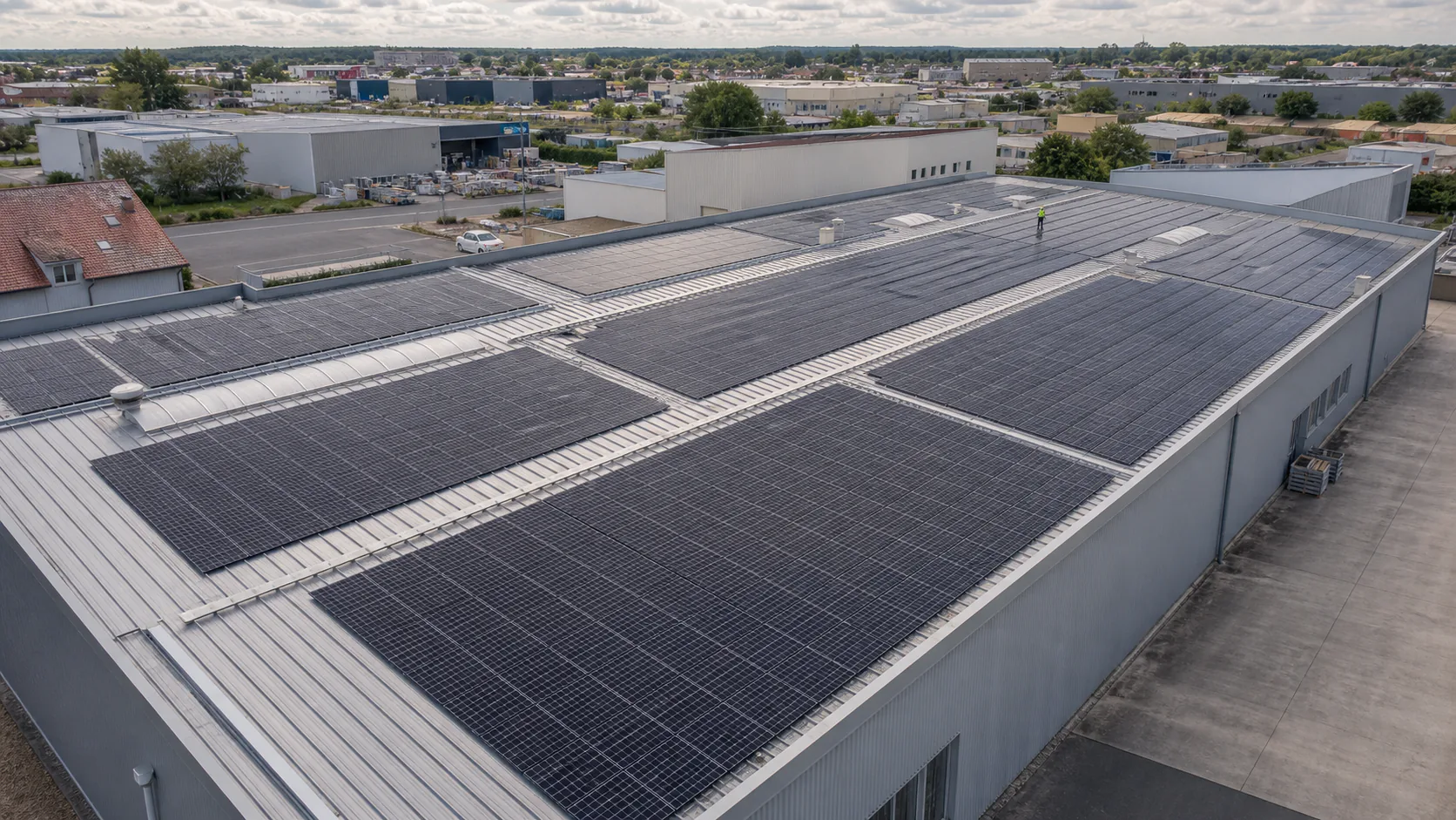 Installation photovoltaïque sur la toiture d’un bâtiment industriel français
